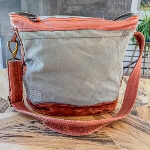 Lucky Brand, Gray w/ Sage Tint Canvas & Leather Crossbody Bucket Hobo Style Bag